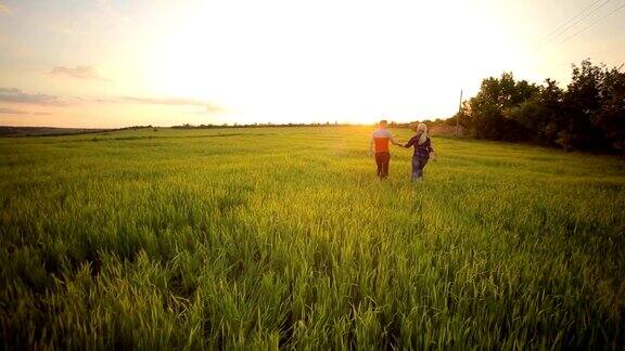 一对幸福的年轻夫妇在日落时跑过田野