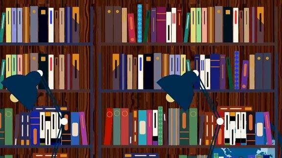 卡通图书馆与书架阅读灯和地球仪