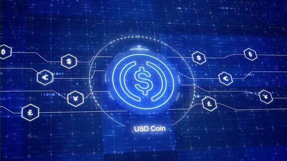美元数字稳定币动画logoUSDC加密货币动画数字世界中的加密