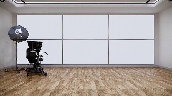 新闻工作室白色房间设计背景电视节目三维渲染