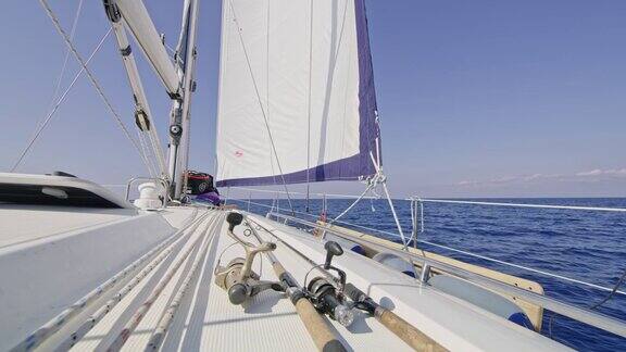 阳光明媚的帆船甲板上的钓鱼杆实时拍摄
