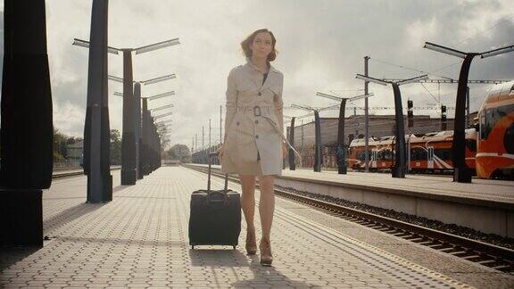 一个女人带着行李在火车站行走