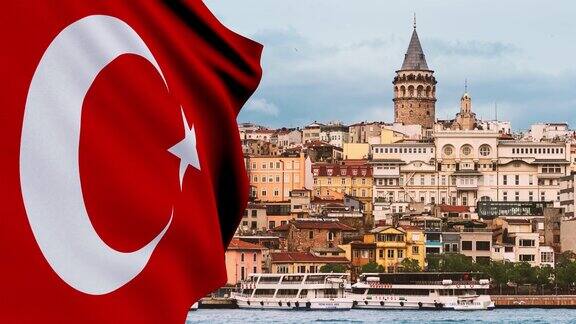 卡拉科伊伊斯坦布尔的景观有蒸汽船大海飘扬的土耳其国旗和加拉塔塔土耳其伊斯坦布尔
