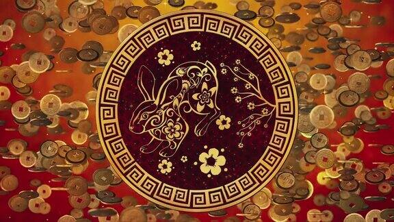 中国春节红色背景与掉落的金币象征财富的新年庆祝活动