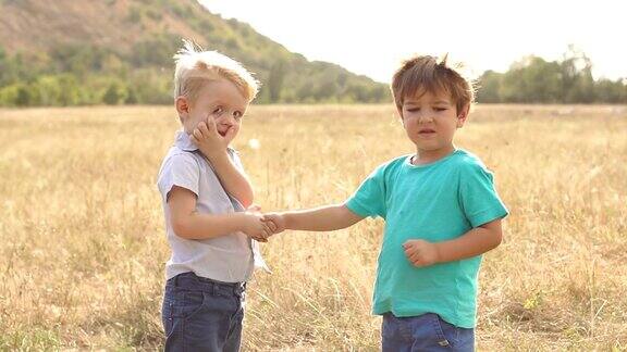 两个有趣的小男孩在公园里握手