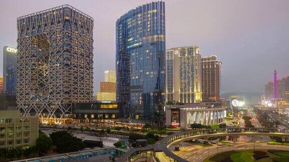 澳门城市日落时间照明著名交通街道圈著名酒店全景时间间隔4k中国