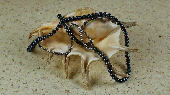 一个漂亮的大贝壳包裹着黑珍珠手镯和一长串黑珍珠放在模仿海沙的桌子上特写镜头由黑珍珠制成的女性珠宝