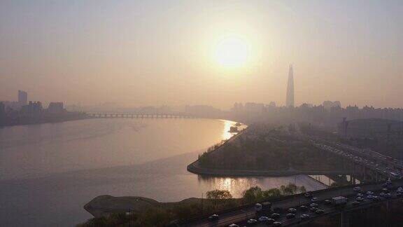 无人机拍摄的韩国首尔江南的日出