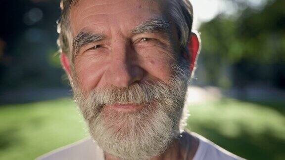 灰色头发和胡子男人的脸他在公园里他笑了