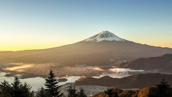 4K延时:富士山日出川口湖鸟瞰图