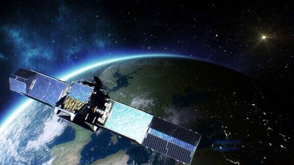 环绕地球的卫星的美丽景象发射人造卫星进入地球轨道开启太阳能电池板过程地球和城市在夜晚的照明部分