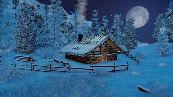 雪夜山上的小木屋