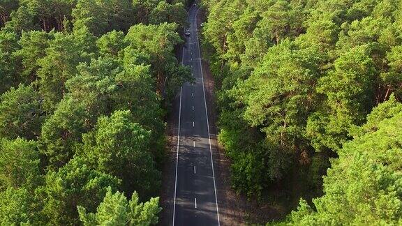 鸟瞰图汽车在乡村道路上穿过青山松林无人机的观点