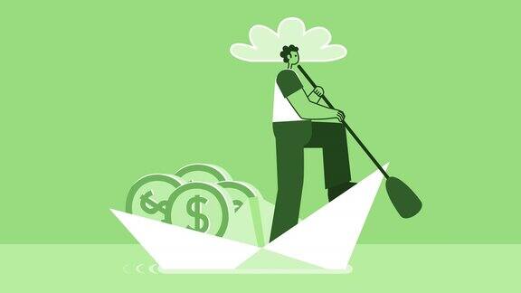 绿色风格的人平面人物航行纸船与美元硬币孤立的循环动画与Alpha频道