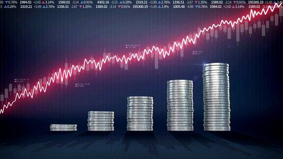 堆起金币增加红色波形线表示股票市场的降级经济利润