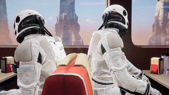 在飞往一颗未知的新星球之前宇航员们会在火星餐厅用餐动画是为幻想未来或太空旅行的背景