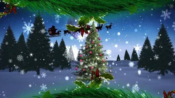 动画的冷杉树枝在圣诞树在冬季景观