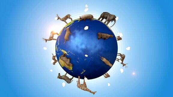 环绕野生动物覆盖的蓝色地球