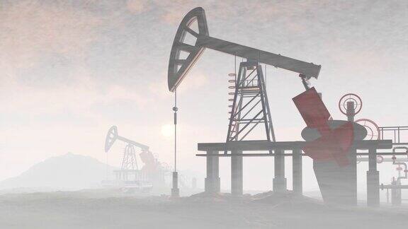 油泵、石油工业设备、井架从油田日落剪影能源供应危机三维渲染