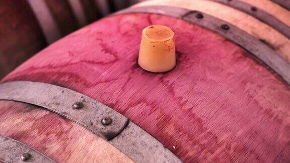 红葡萄酒在现代酿酒厂酒窖的橡木桶中发酵陈酿