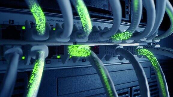 以太网电缆连接到调制解调器与数字二进制码流信息和数据概念:电信数字化和可视化微距镜头绿色特效
