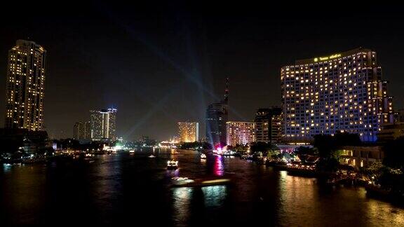 曼谷夜景与河流:延时