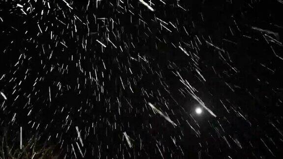 晚上暴风雪狂风大作的降雪迅速向相机移动在暴风雪中向前移动黑色背景雪花飘落纹理斑驳镜头冬天的季节