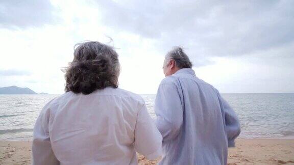 老人和妻子带着幸福的情绪一起跑向海滩有生活方式、情感和退休观念的人慢动作镜头