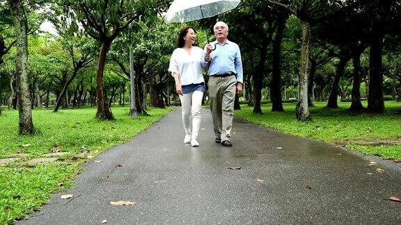 一对老夫妇在雨季在公园散步