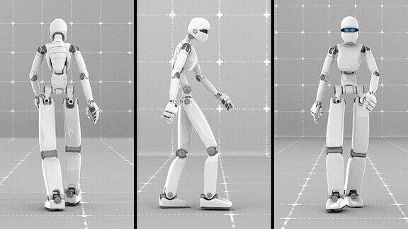 白色未来机器人在室内行走-正面侧面背面