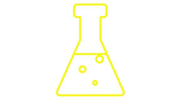 充满液体的黄色动画烧杯分析的象征化学实验研究科学毛圈的视频白色背景上的线性矢量插图