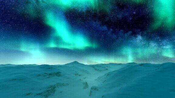 北极光在白雪皑皑的北极上空闪烁