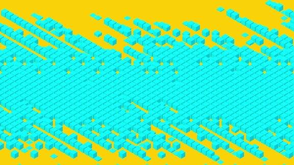 立方体盒3D虚拟等距波模式区块链技术概念设计插图蓝色黄色背景无缝循环4K动画与复制空间