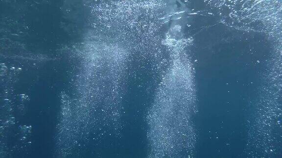 气泡从海底漂浮到水面的缓慢运动蓝色的水里有气泡