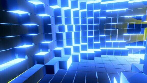 3D循环无缝镜头动画抽象背景隧道4k环形抽象高科技隧道霓虹灯摄像机飞过隧道蓝色霓虹灯闪烁