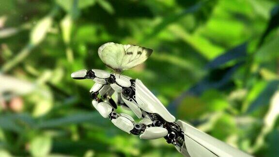 卷心菜蝴蝶落在机器人的手上