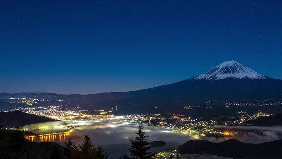 4K延时:富士山日出川口湖鸟瞰图