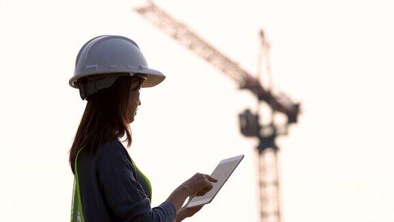 女工程师以起重机为背景在数字板上检查建筑工地
