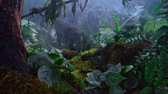 在多雨的丛林里树蛙从长满苔藓的树枝上跳下来