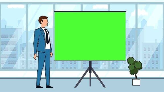 平面卡通商人人物扬声器近绿色板解释商业概念动画与阿尔法哑光