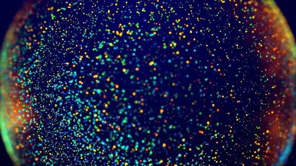 神奇的五彩闪光形成抽象简单的圆形结构多色辉光粒子漂浮在粘性液体作为奇妙的3d背景在4k光磨作为alpha通道
