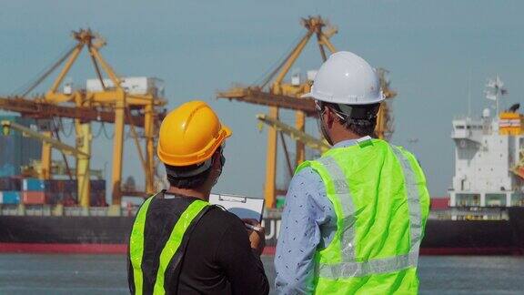 工程师在码头商埠与码头工人进行商务物流、进出口运输或货物运输方面的交流