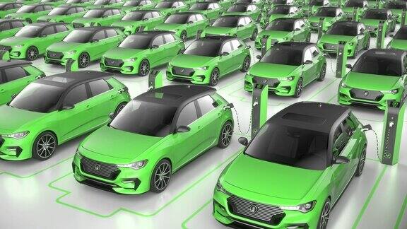 俯视图绿色电动自动驾驶汽车在充电站充电