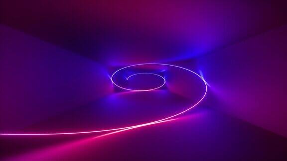 3d渲染抽象背景荧光紫外光发光的霓虹线在隧道内旋转旋转螺旋催眠螺旋蓝红粉紫光谱循环动画