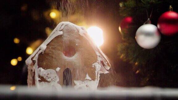 姜饼屋用雪做圣诞装饰慢动作