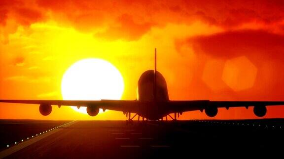 飞机降落在机场跑道上日落日出高清