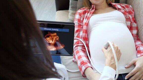 产科医生对腹腔孕妇进行超声检查