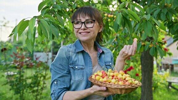 女人拿着丰收的成熟的黄樱桃在篮子里吃着香甜的水果
