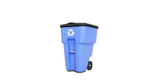 带有可回收标志的蓝色塑料垃圾桶孤立在白色背景上
