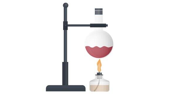 化学测试燃烧器在烧瓶中加热试剂的动画卡通